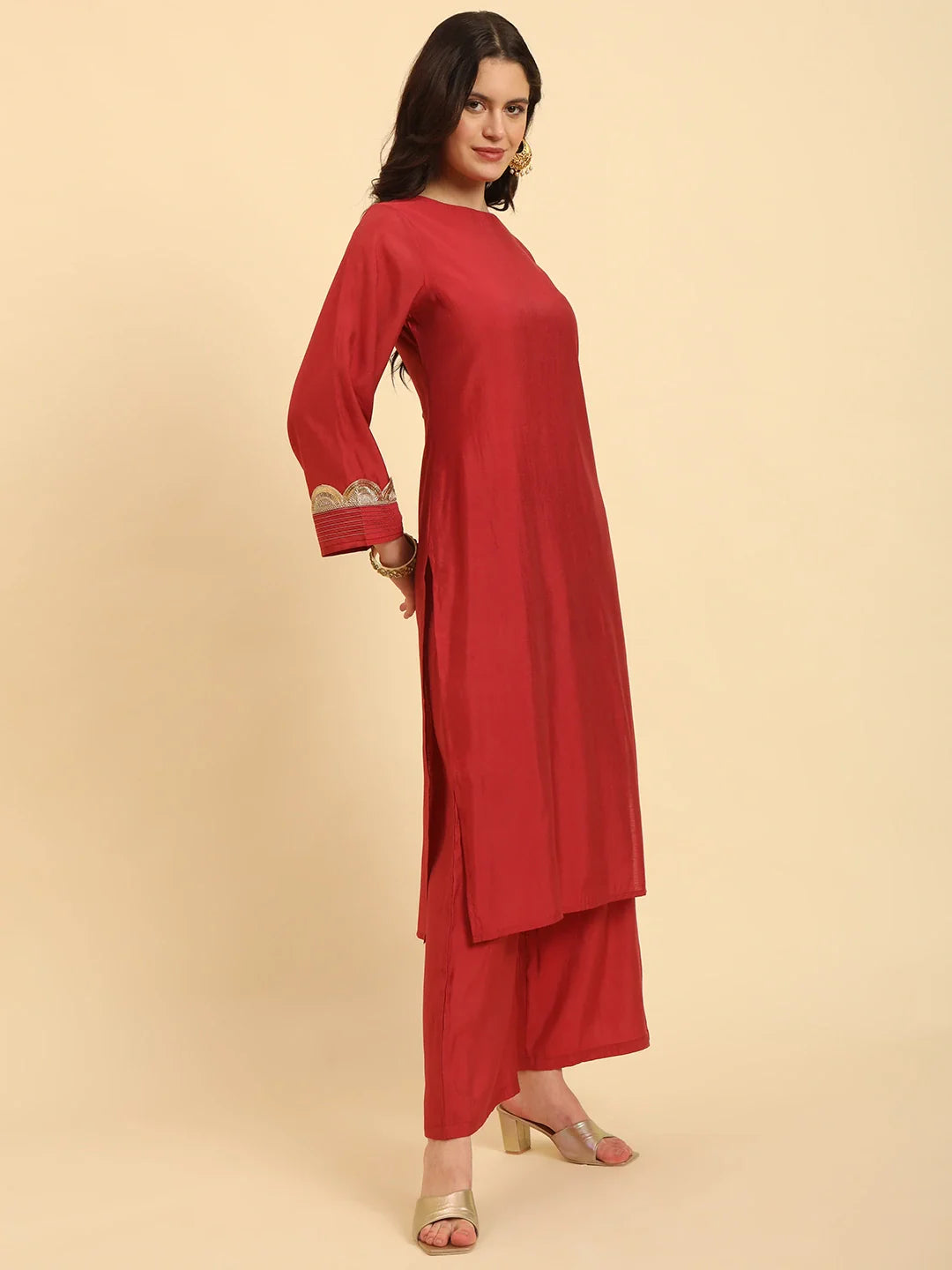 Yufta Rust Silk Flared Sleeves Kurta With Palazzo Banarasi Dupatta Set