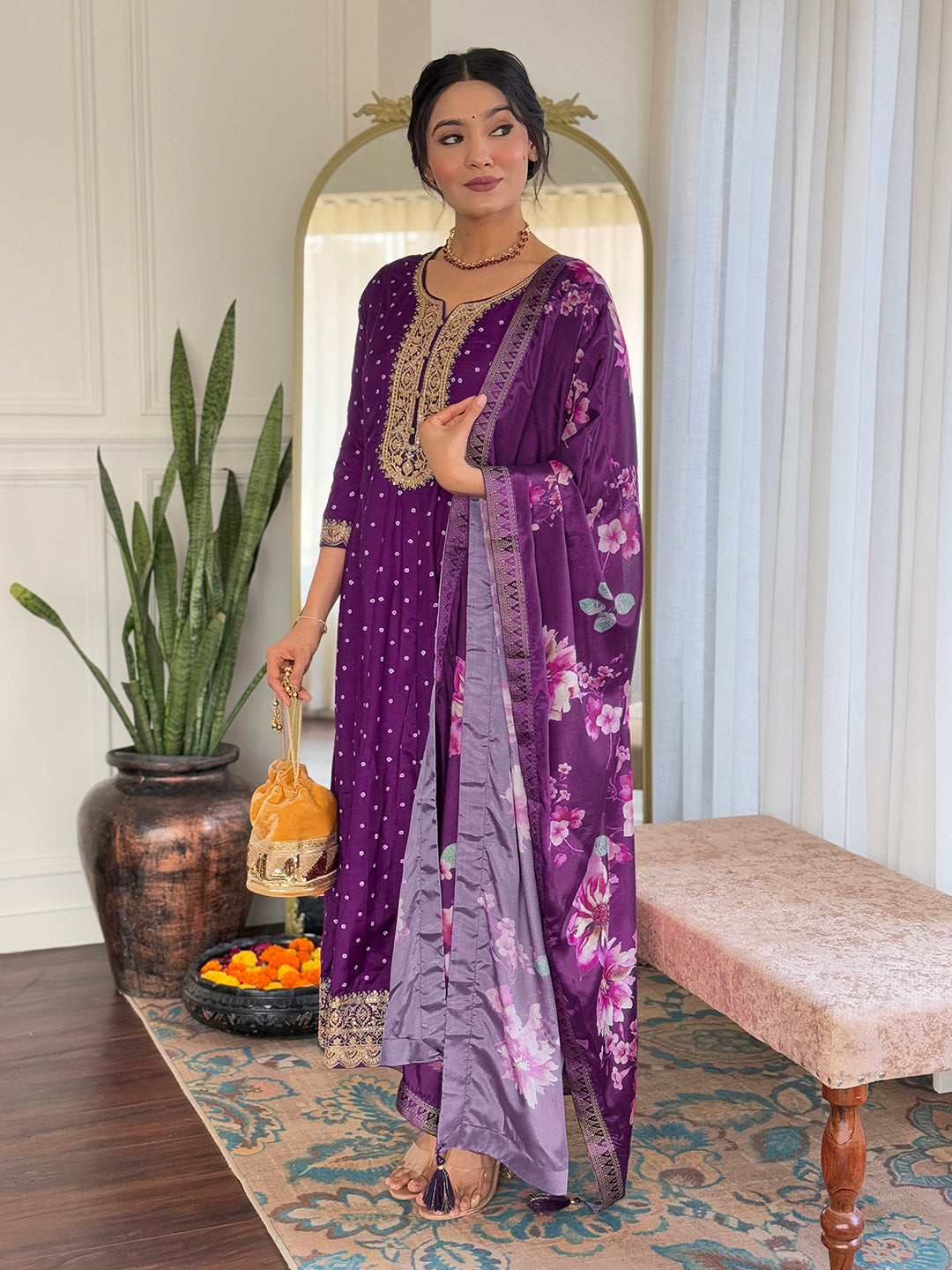 The52 Beautiful Embroidery Work with Vichitra Silk Fabric Flared Kurta, Pant and Dupatta Set