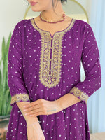 Thumbnail for The52 Beautiful Embroidery Work with Vichitra Silk Fabric Flared Kurta, Pant and Dupatta Set