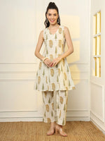 Thumbnail for Yufta Mustard And Off White Ethnic Motifs Cotton Top And Trouser Co-Ord Set