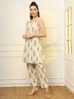 Thumbnail for Yufta Mustard And Off White Ethnic Motifs Cotton Top And Trouser Co-Ord Set