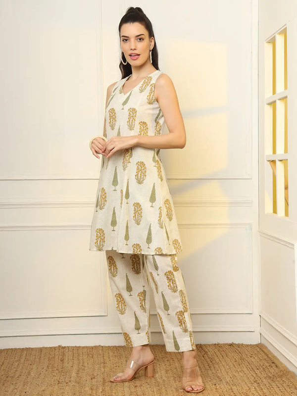 Yufta Mustard And Off White Ethnic Motifs Cotton Top And Trouser Co-Ord Set