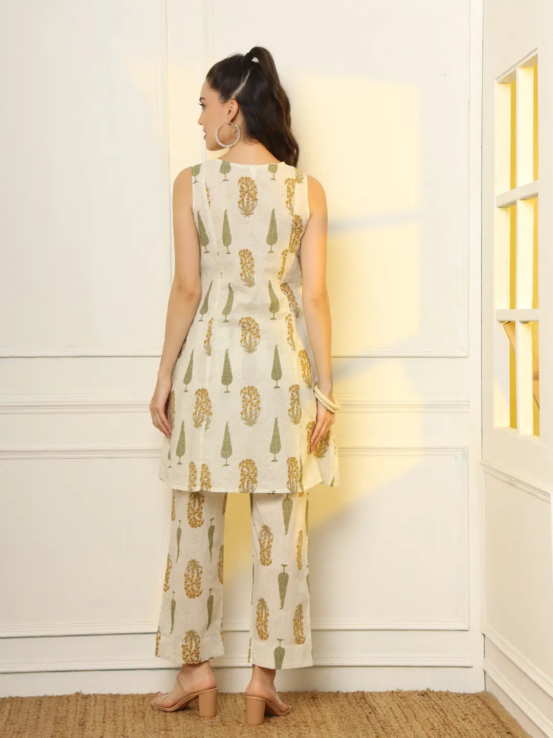 Yufta Mustard And Off White Ethnic Motifs Cotton Top And Trouser Co-Ord Set
