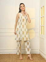 Thumbnail for Yufta Mustard And Off White Ethnic Motifs Cotton Top And Trouser Co-Ord Set