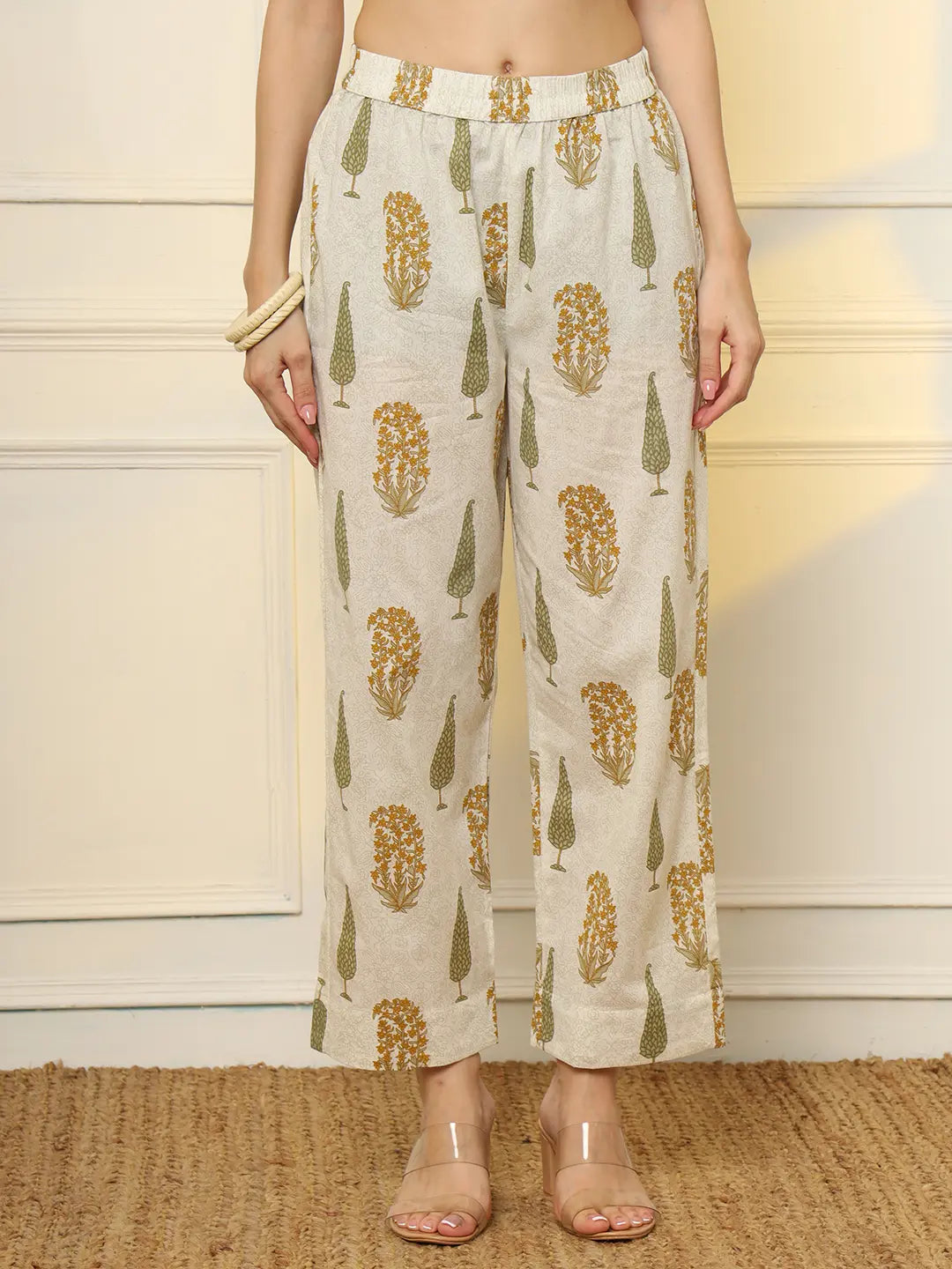 Yufta Mustard And Off White Ethnic Motifs Cotton Top And Trouser Co-Ord Set