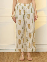 Thumbnail for Yufta Mustard And Off White Ethnic Motifs Cotton Top And Trouser Co-Ord Set
