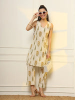 Thumbnail for Yufta Mustard And Off White Ethnic Motifs Cotton Top And Trouser Co-Ord Set