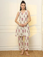 Thumbnail for Yufta Pink And Off White Ethnic Motifs Cotton Top And Trouser Co-Ord Set