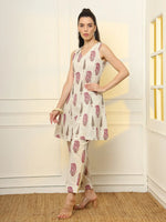 Thumbnail for Yufta Pink And Off White Ethnic Motifs Cotton Top And Trouser Co-Ord Set
