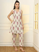 Thumbnail for Yufta Pink And Off White Ethnic Motifs Cotton Top And Trouser Co-Ord Set
