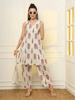 Thumbnail for Yufta Pink And Off White Ethnic Motifs Cotton Top And Trouser Co-Ord Set