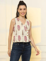Thumbnail for Yufta White And Pink Cotton Sleeve Less Wrap Top