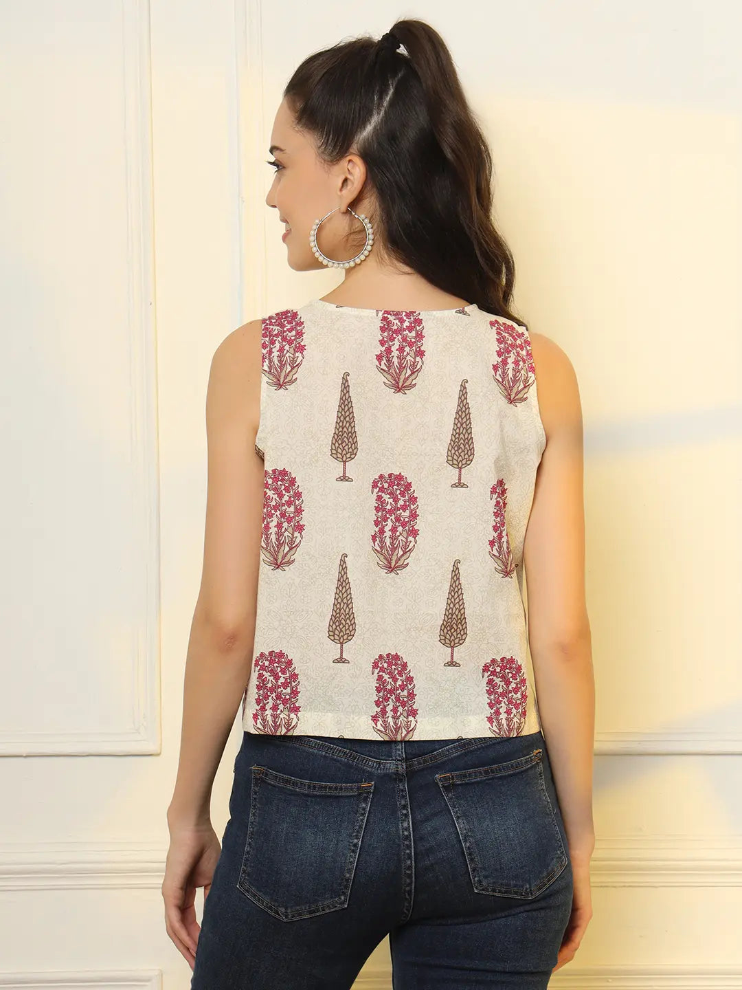 Yufta White And Pink Cotton Sleeve Less Wrap Top