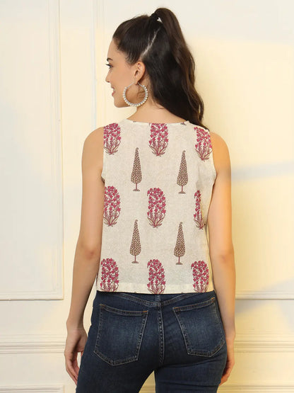Yufta White And Pink Cotton Sleeve Less Wrap Top - Distacart