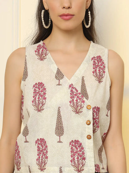 Yufta White And Pink Cotton Sleeve Less Wrap Top - Distacart