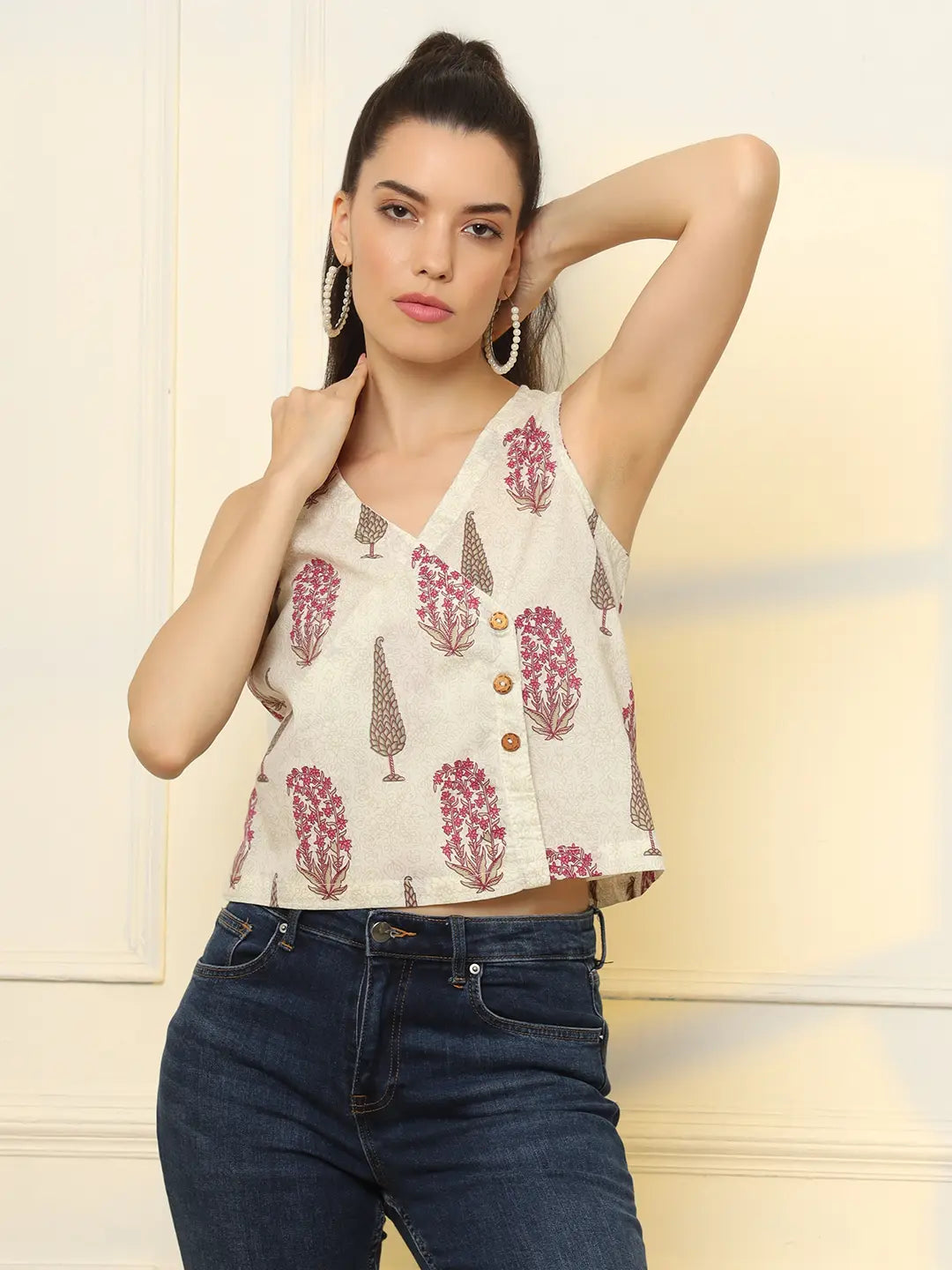 Yufta White And Pink Cotton Sleeve Less Wrap Top
