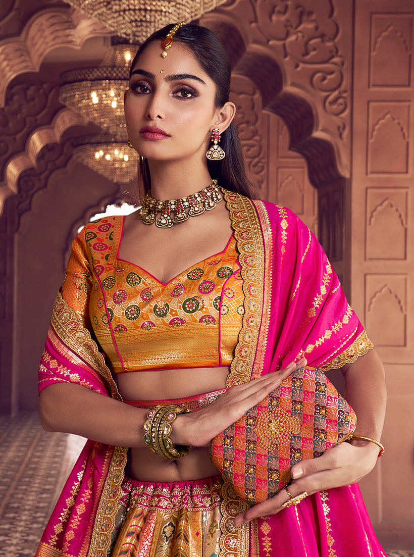 Monjolika Fashion Multi Colour Banarasi Silk Blend Embroidered, Sequins, Swarovski and Weaving Work Lehenga Choli - Distacart