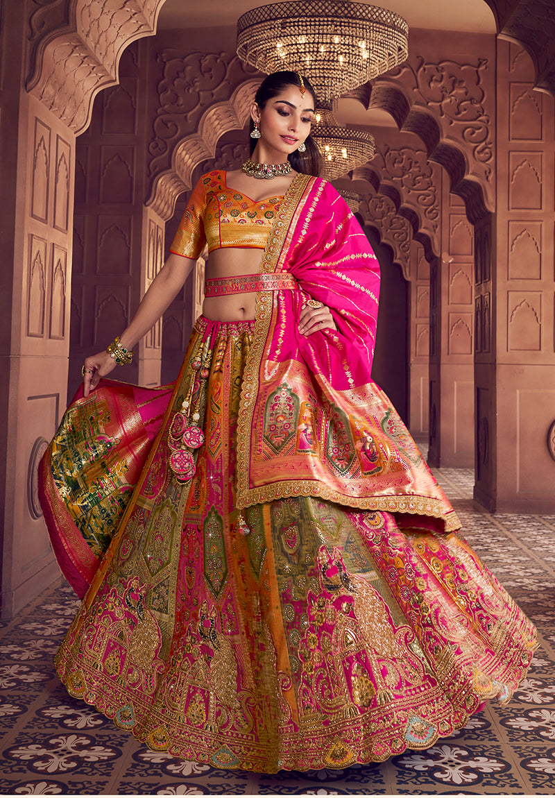 Monjolika Fashion Multi Colour Banarasi Silk Blend Embroidered, Sequins, Swarovski and Weaving Work Lehenga Choli - Distacart