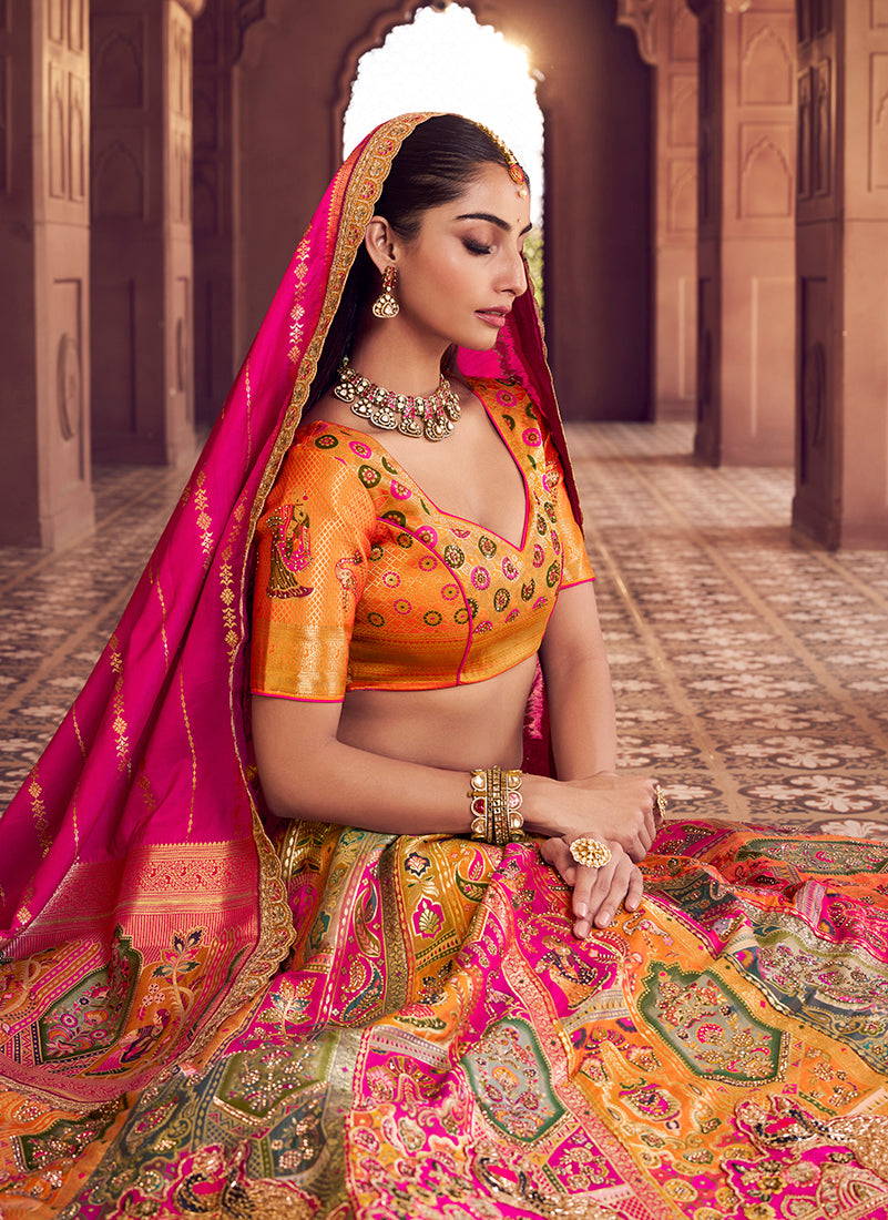 Monjolika Fashion Multi Colour Banarasi Silk Blend Embroidered, Sequins, Swarovski and Weaving Work Lehenga Choli - Distacart