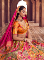 Thumbnail for Monjolika Fashion Multi Colour Banarasi Silk Blend Embroidered, Sequins, Swarovski and Weaving Work Lehenga Choli - Distacart