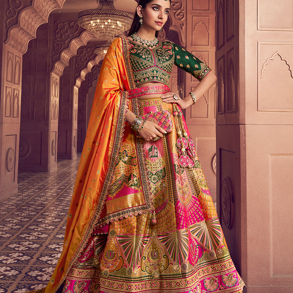 Monjolika Fashion Multi Colour Banarasi Silk Blend Embroidered, Sequins, Swarovski and Weaving Work Lehenga Choli - Distacart