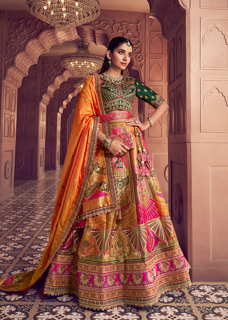 Monjolika Fashion Multi Colour Banarasi Silk Blend Embroidered, Sequins, Swarovski and Weaving Work Lehenga Choli - Distacart