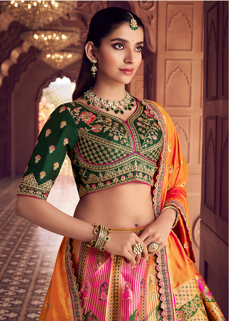 Monjolika Fashion Multi Colour Banarasi Silk Blend Embroidered, Sequins, Swarovski and Weaving Work Lehenga Choli - Distacart