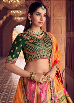 Thumbnail for Monjolika Fashion Multi Colour Banarasi Silk Blend Embroidered, Sequins, Swarovski and Weaving Work Lehenga Choli - Distacart