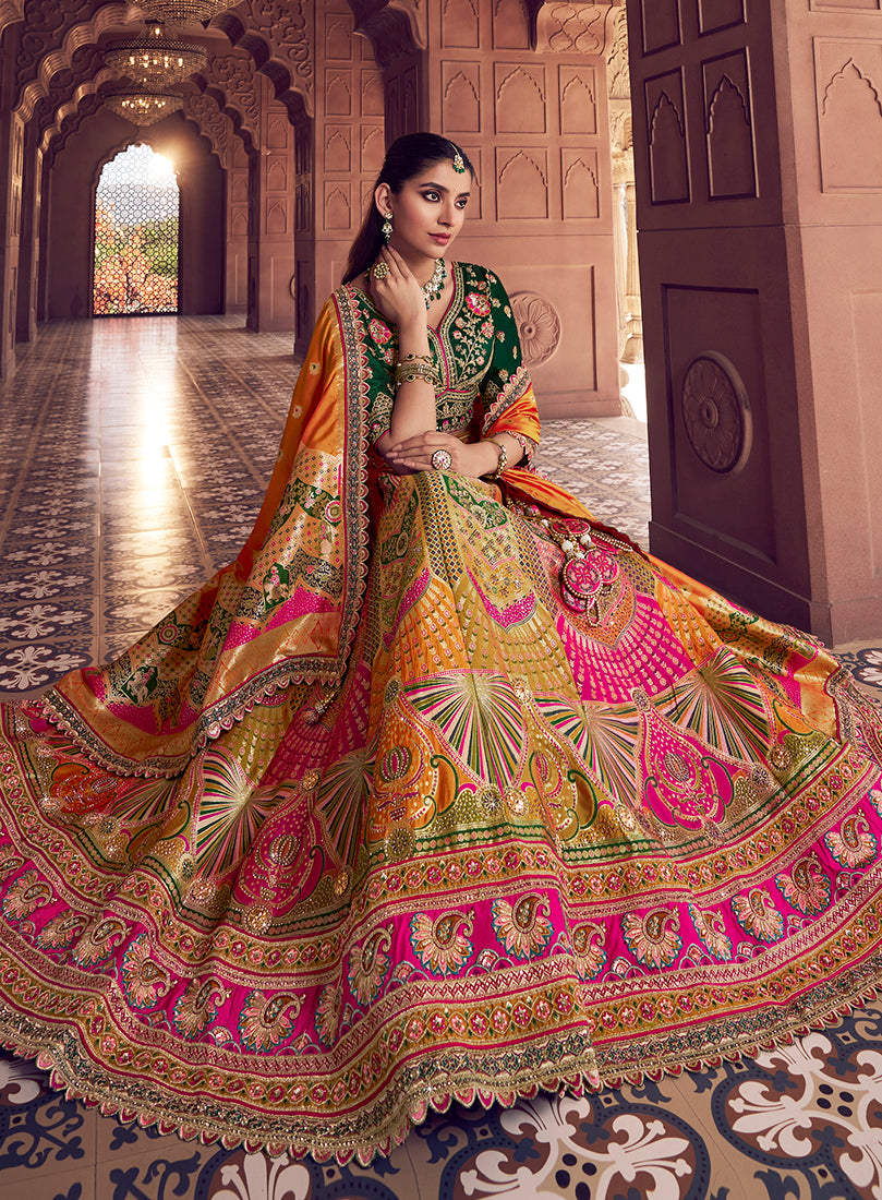 Monjolika Fashion Multi Colour Banarasi Silk Blend Embroidered, Sequins, Swarovski and Weaving Work Lehenga Choli - Distacart