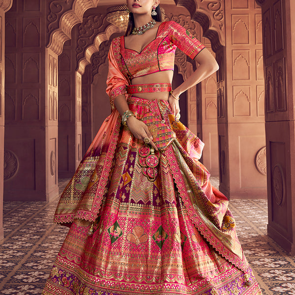 Monjolika Fashion Multi Colour Banarasi Silk Blend Embroidered, Sequins, Swarovski and Weaving Work Lehenga Choli - Distacart