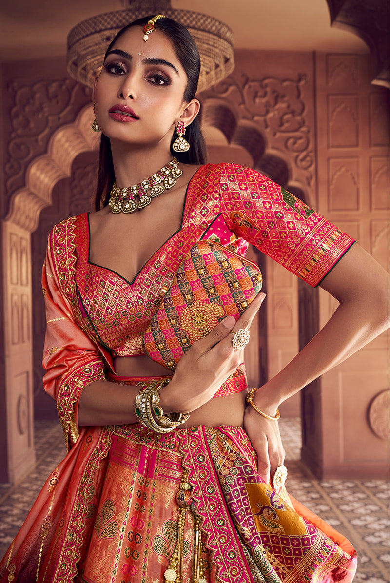 Monjolika Fashion Multi Colour Banarasi Silk Blend Embroidered, Sequins, Swarovski and Weaving Work Lehenga Choli - Distacart