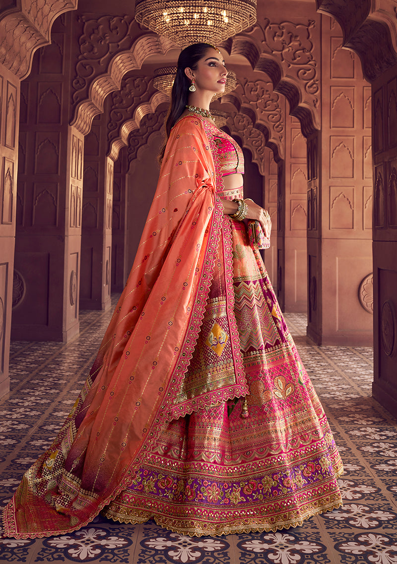 Monjolika Fashion Multi Colour Banarasi Silk Blend Embroidered, Sequins, Swarovski and Weaving Work Lehenga Choli - Distacart