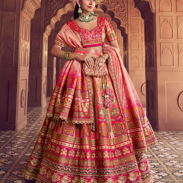 Monjolika Fashion Multi Colour Banarasi Silk Blend Embroidered, Sequins, Swarovski and Weaving Work Lehenga Choli - Distacart