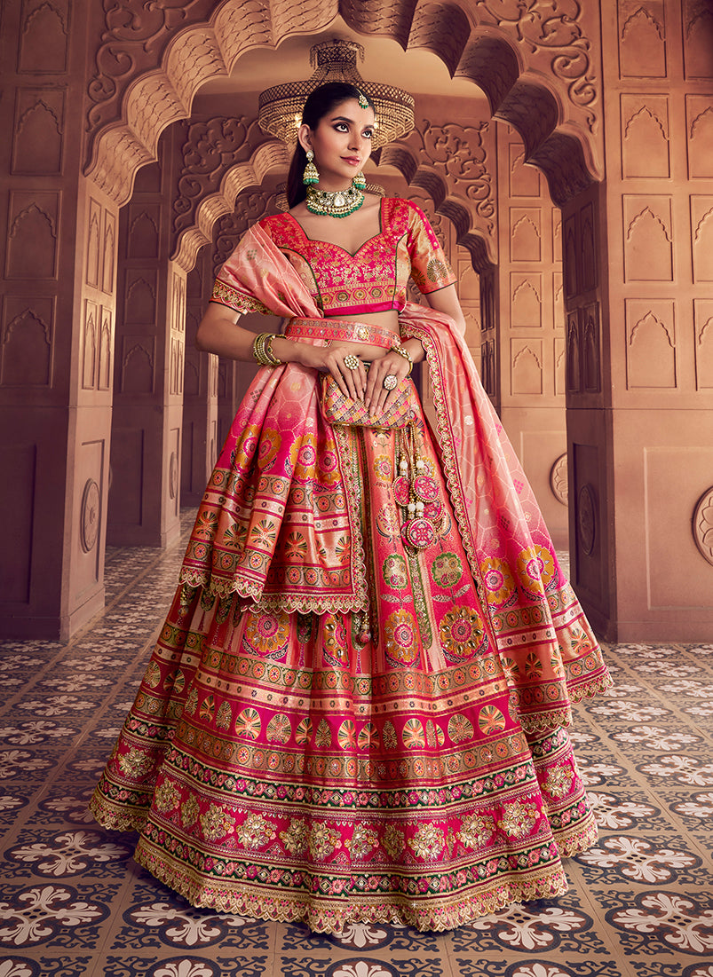 Monjolika Fashion Multi Colour Banarasi Silk Blend Embroidered, Sequins, Swarovski and Weaving Work Lehenga Choli