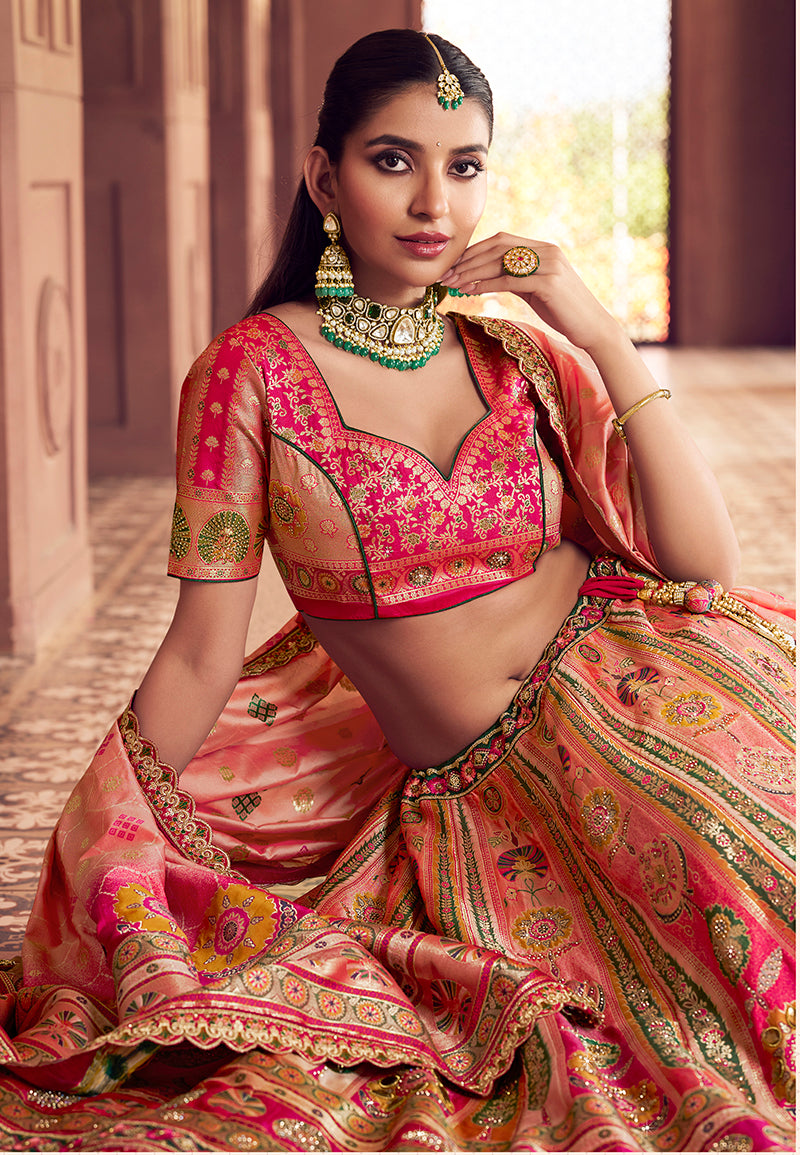Monjolika Fashion Multi Colour Banarasi Silk Blend Embroidered, Sequins, Swarovski and Weaving Work Lehenga Choli - Distacart