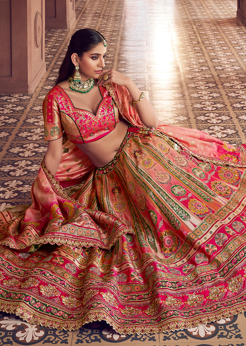 Monjolika Fashion Multi Colour Banarasi Silk Blend Embroidered, Sequins, Swarovski and Weaving Work Lehenga Choli - Distacart