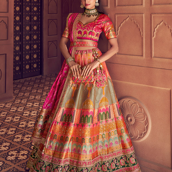 Monjolika Fashion Multi Colour Banarasi Silk Blend Embroidered, Sequins, Swarovski and Weaving Work Lehenga Choli - Distacart