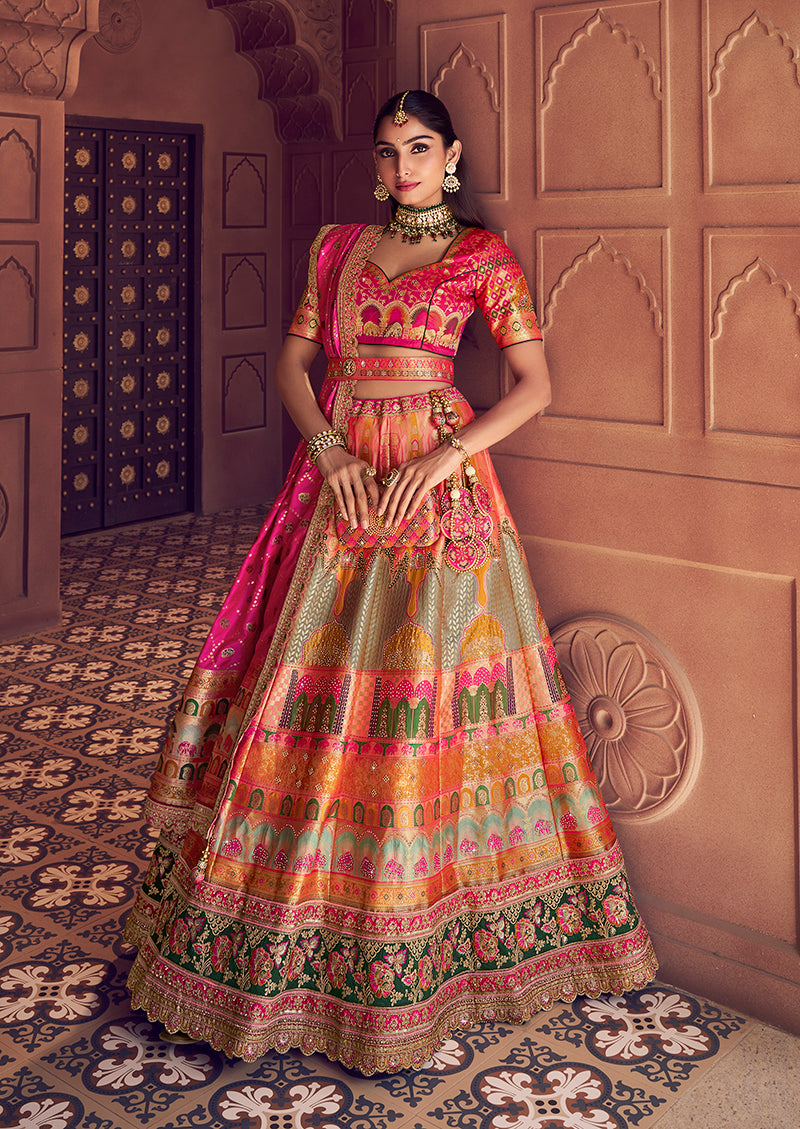 Monjolika Fashion Multi Colour Banarasi Silk Blend Embroidered, Sequins, Swarovski and Weaving Work Lehenga Choli - Distacart