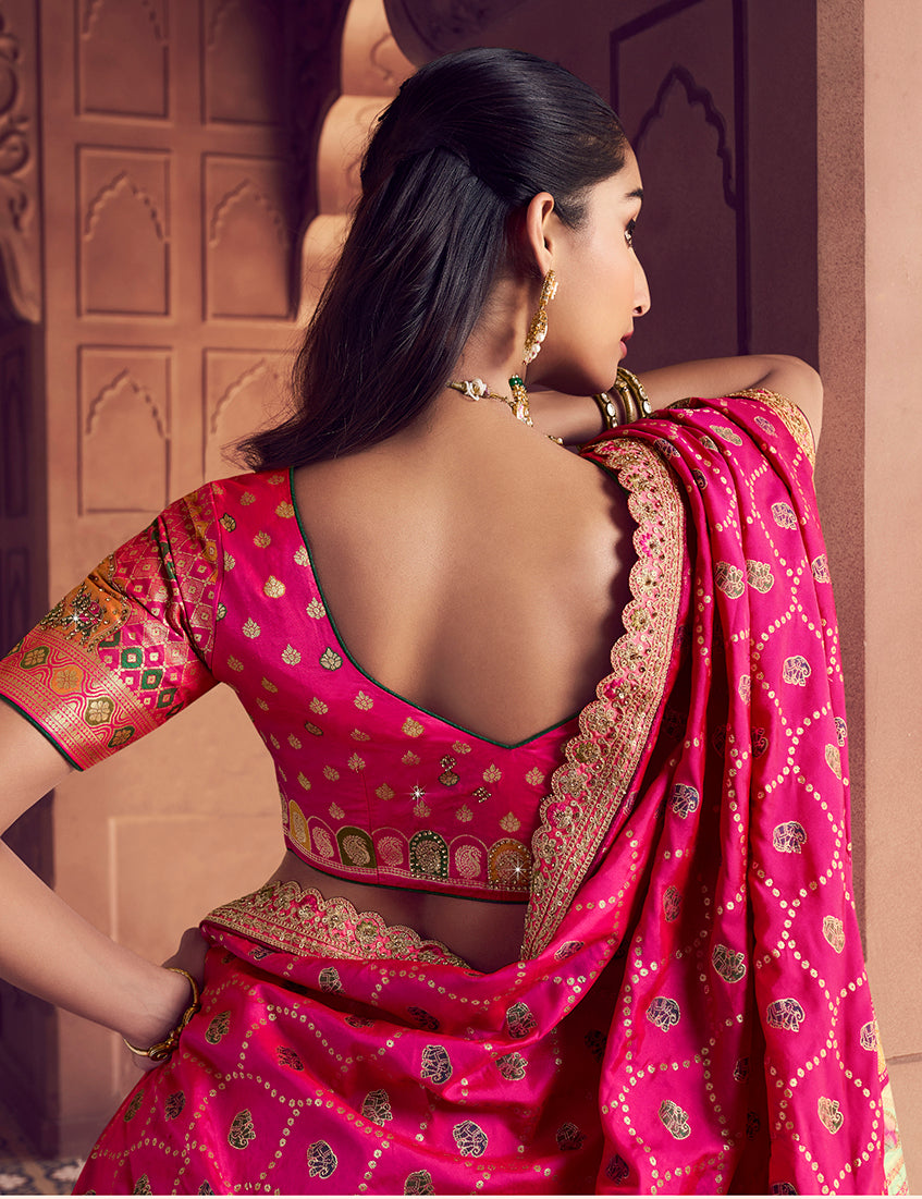 Monjolika Fashion Multi Colour Banarasi Silk Blend Embroidered, Sequins, Swarovski and Weaving Work Lehenga Choli - Distacart