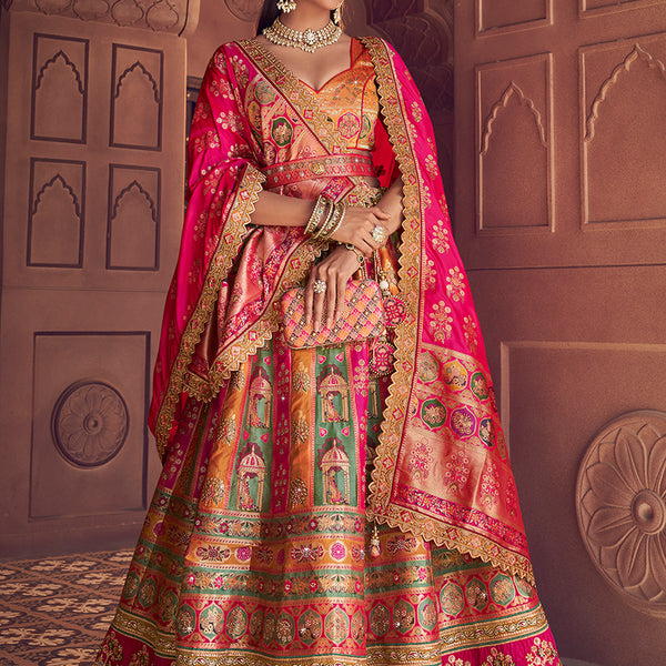 Monjolika Fashion Multi Colour Banarasi Silk Blend Embroidered, Sequins, Swarovski and Weaving Work Lehenga Choli - Distacart