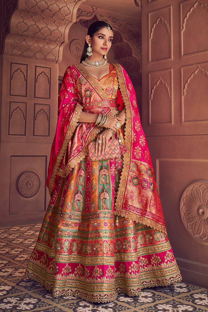 Monjolika Fashion Multi Colour Banarasi Silk Blend Embroidered, Sequins, Swarovski and Weaving Work Lehenga Choli