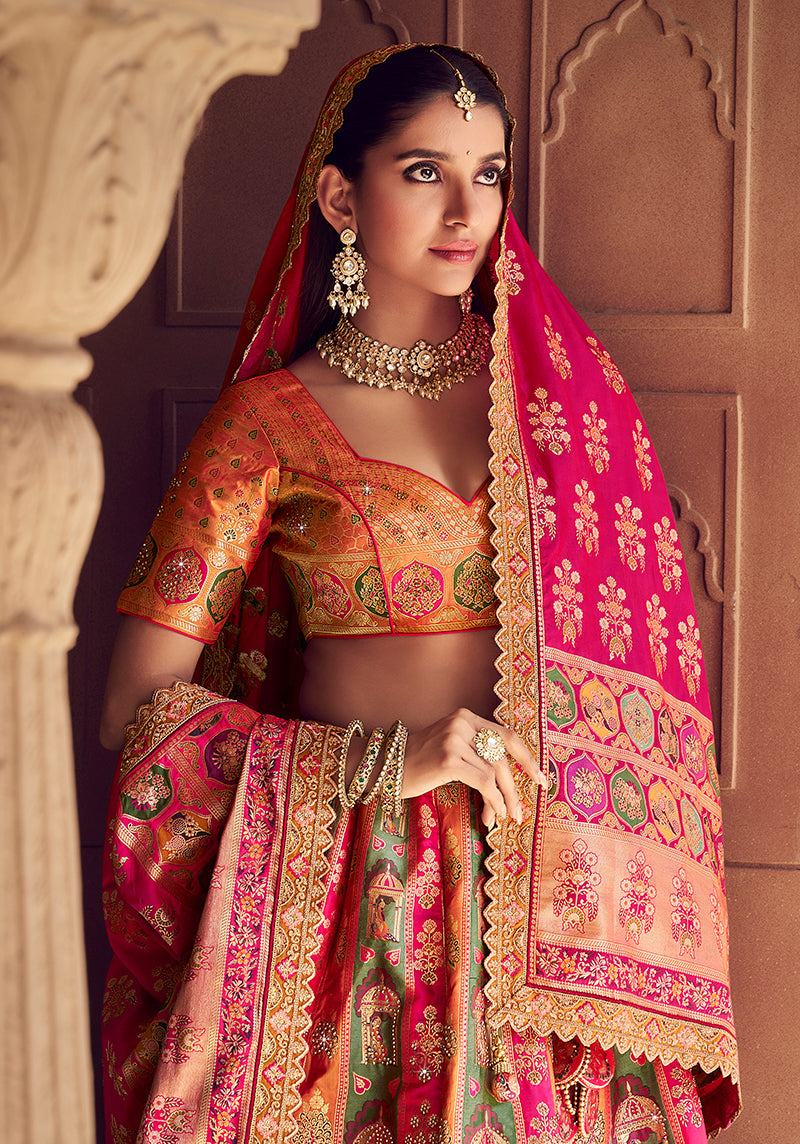 Monjolika Fashion Multi Colour Banarasi Silk Blend Embroidered, Sequins, Swarovski and Weaving Work Lehenga Choli - Distacart