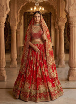 Thumbnail for Monjolika Fashion Georgette Printed With Embroidered Red Trendy Lehenga Choli - Distacart
