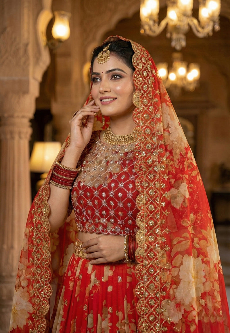 Monjolika Fashion Georgette Printed With Embroidered Red Trendy Lehenga Choli - Distacart