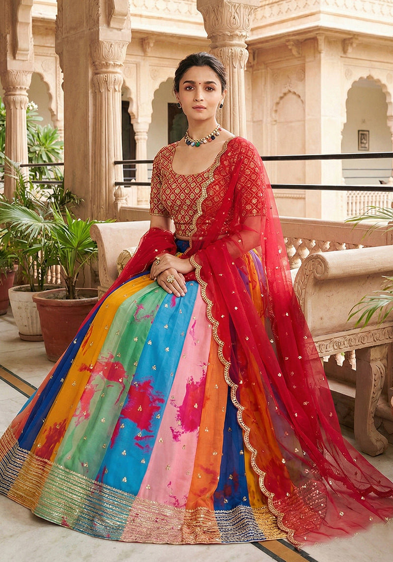 Monjolika Fashion Alia Bhatt Embroidered Multi Colour Georgette Lehenga Choli - Distacart