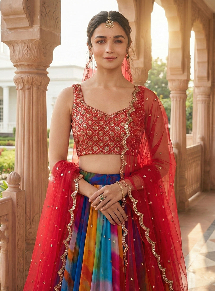Monjolika Fashion Alia Bhatt Embroidered Multi Colour Georgette Lehenga Choli - Distacart