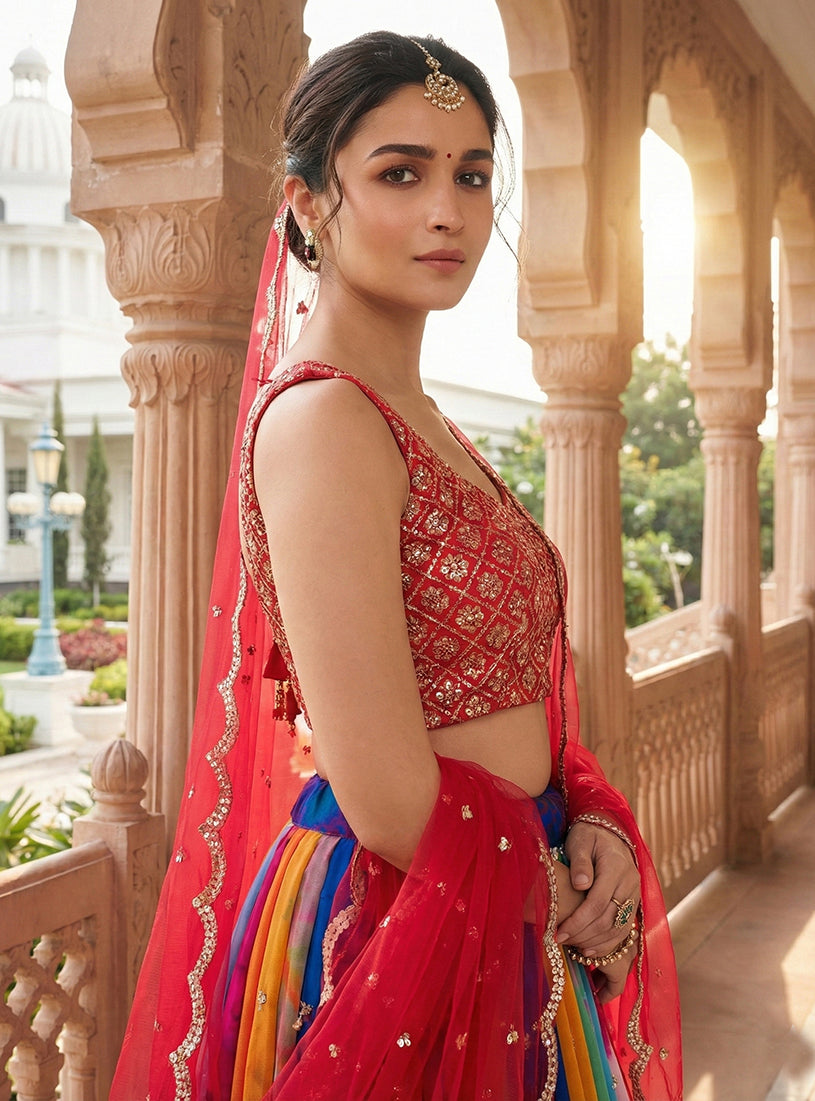 Monjolika Fashion Alia Bhatt Embroidered Multi Colour Georgette Lehenga Choli - Distacart