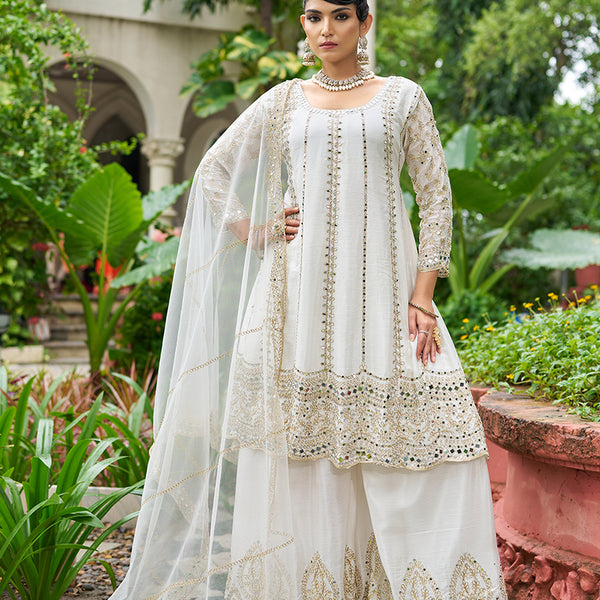 Monjolika Fashion White Embroidered Chinnon Readymade Palazzo Kameez for Festival - Distacart