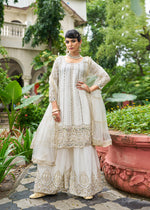 Thumbnail for Monjolika Fashion White Embroidered Chinnon Readymade Palazzo Kameez for Festival - Distacart