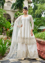 Thumbnail for Monjolika Fashion White Embroidered Chinnon Readymade Palazzo Kameez for Festival - Distacart